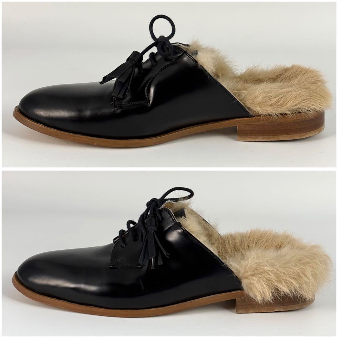 カミナンド ファー付き ミュール サンダル レースアップ ブラック 24cm