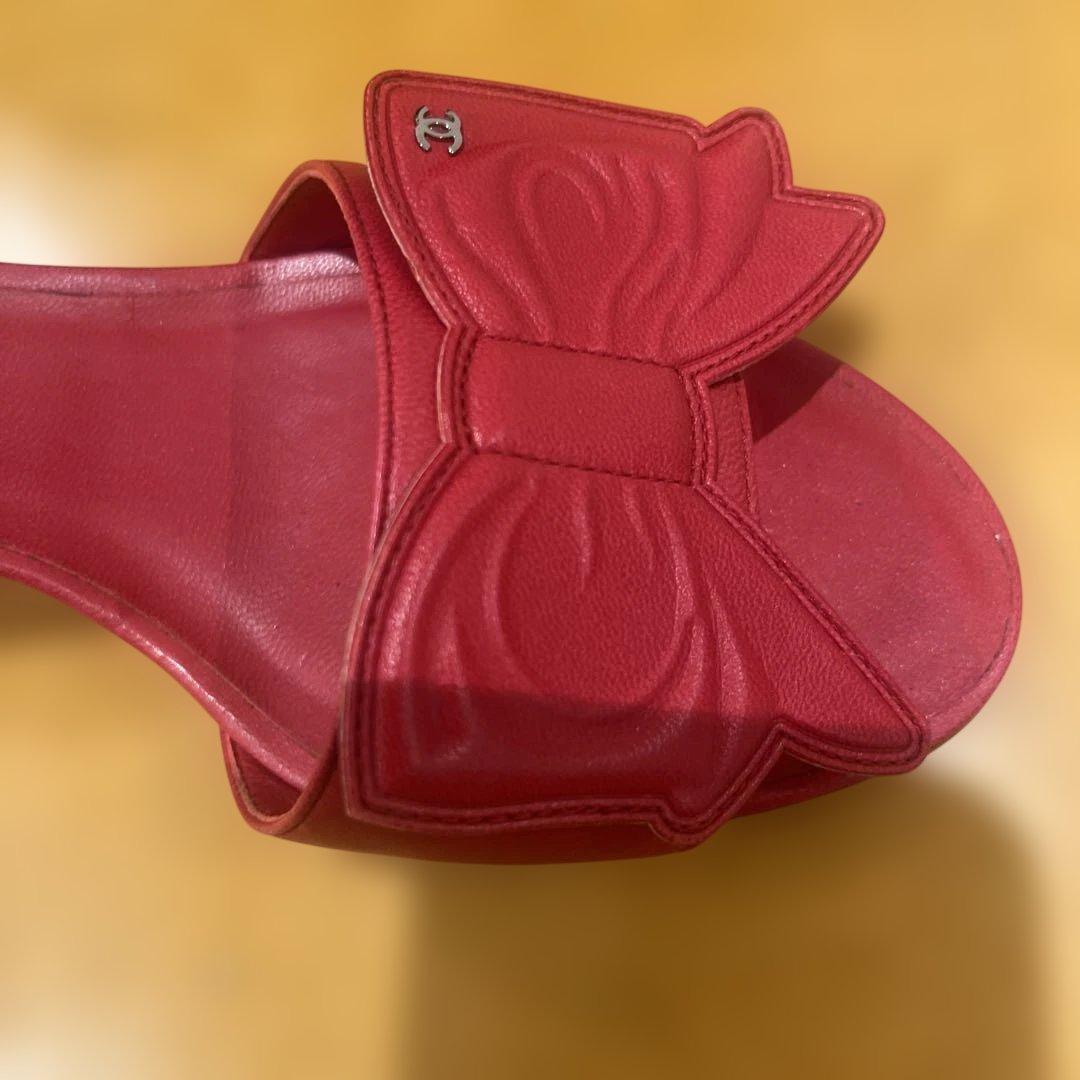 CHANEL レザーリボンミュール レッド　サンダル　39