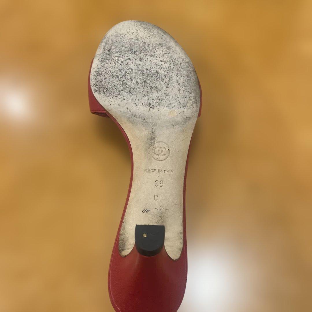 CHANEL レザーリボンミュール レッド　サンダル　39