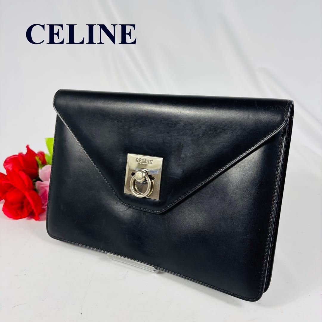 CELINE　セリーヌ　ヴィンテージ　クラッチバッグ　シルバー金具　レザー　黒