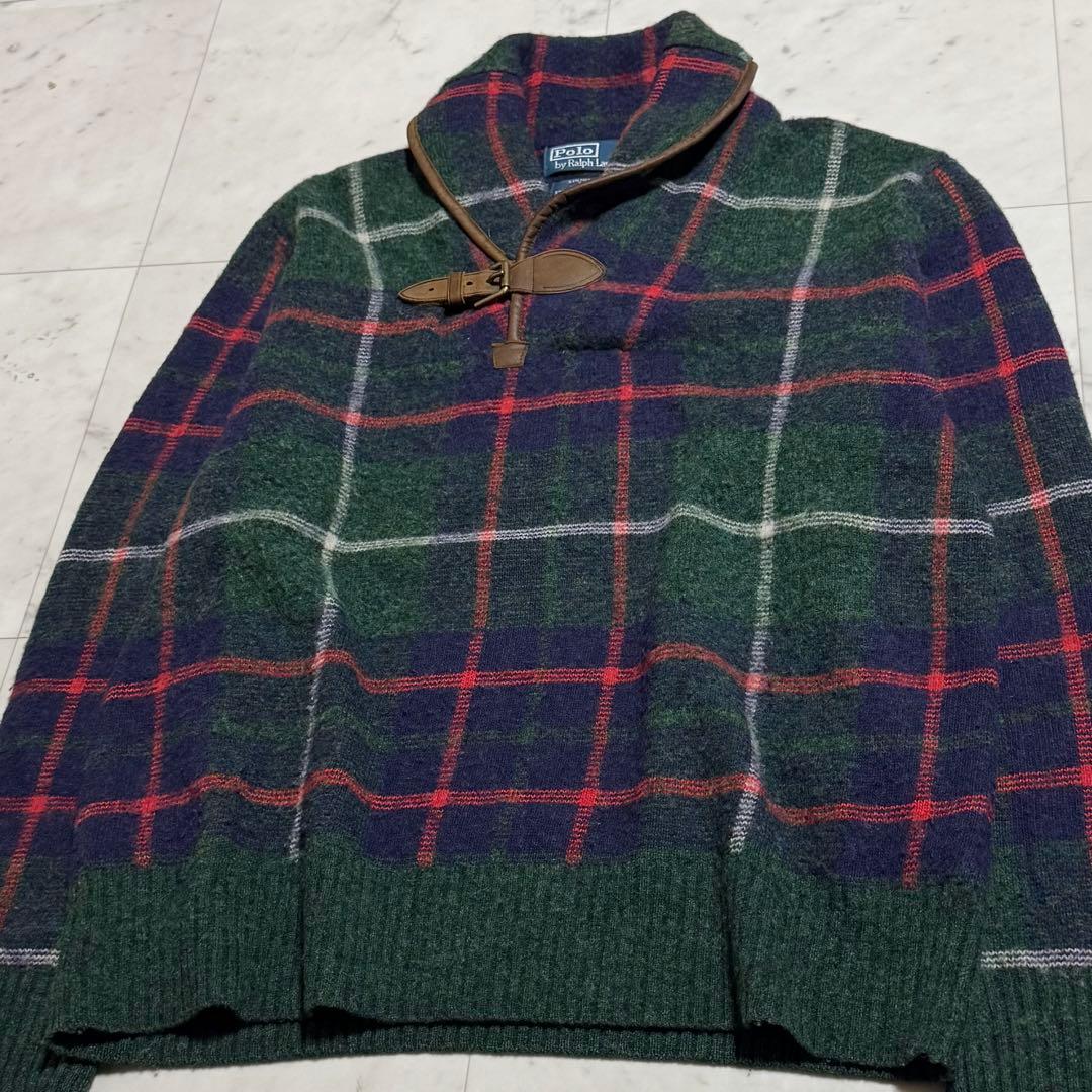 ポロバイラルフローレン レザーエルボーパッチウールニット 牛革 チェック柄 L