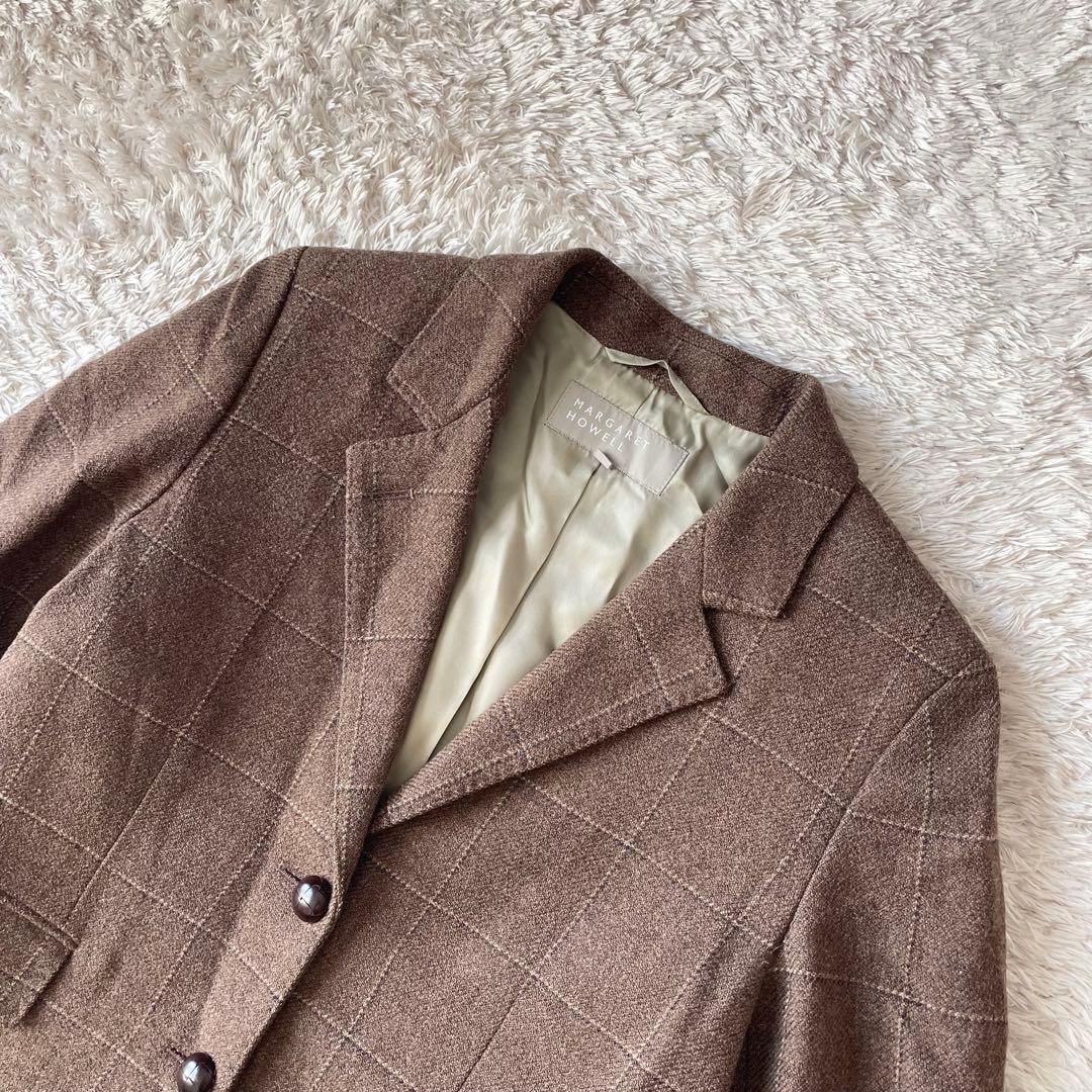 マーガレットハウエル 美品 ウールテーラードジャケット 3 茶色 チェック