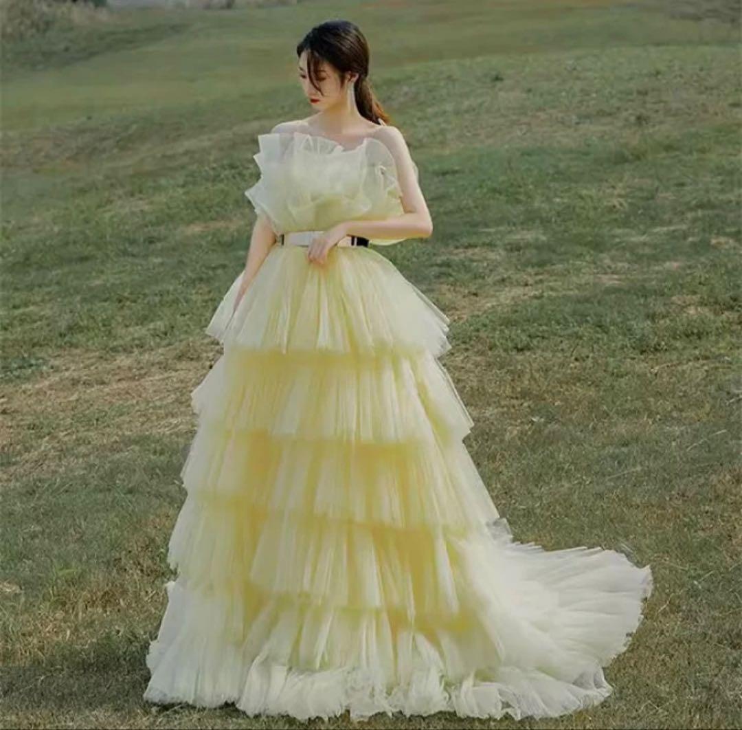 イエロー ティアードチュールドレス