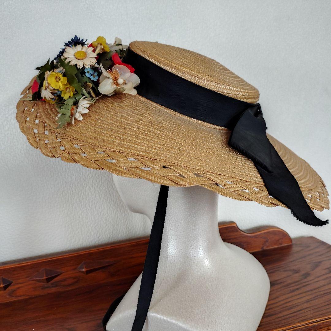 花飾り付き麦わら帽子 ビンテージ