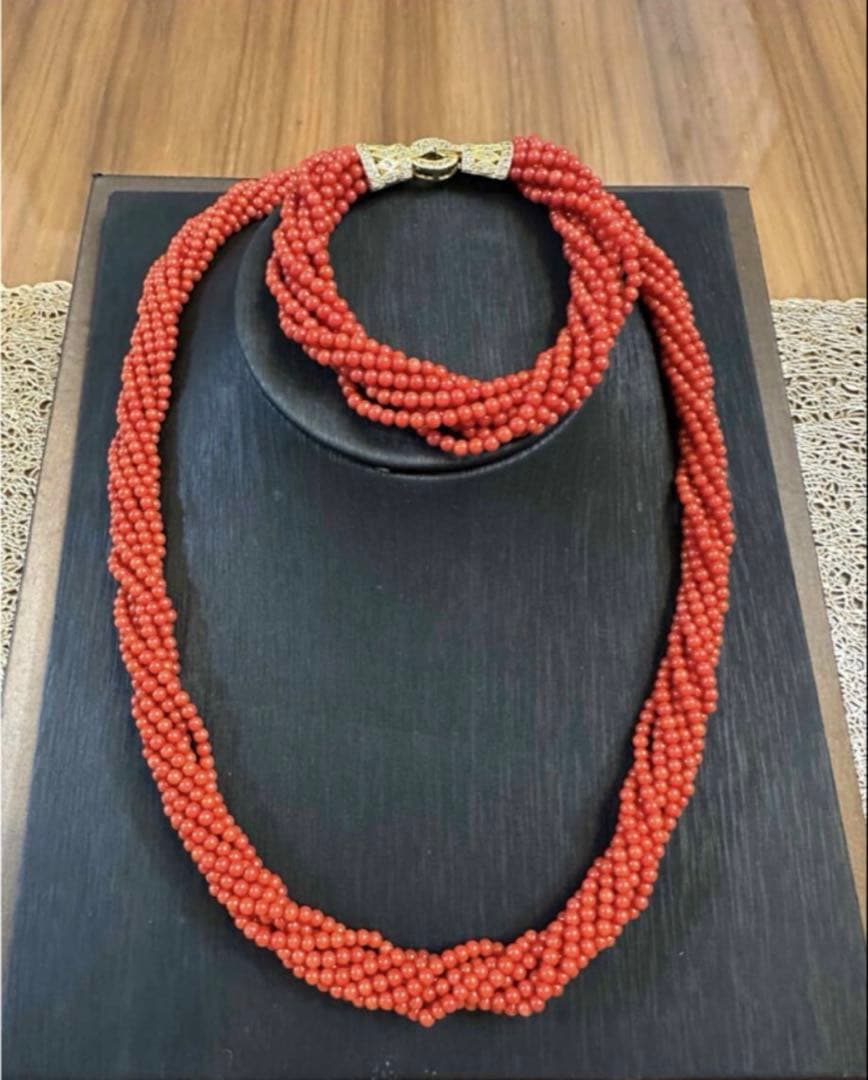 K-771-1 赤珊瑚　サンゴ　ネックレス　ブレスレット　2点セット