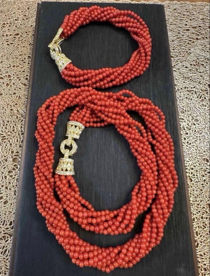 K-771-1 赤珊瑚　サンゴ　ネックレス　ブレスレット　2点セット