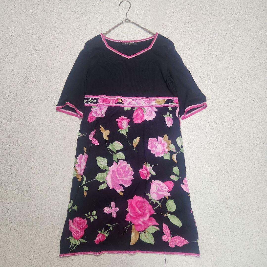レオナール 半袖ワンピース ニット 花柄 コットン 薔薇 M