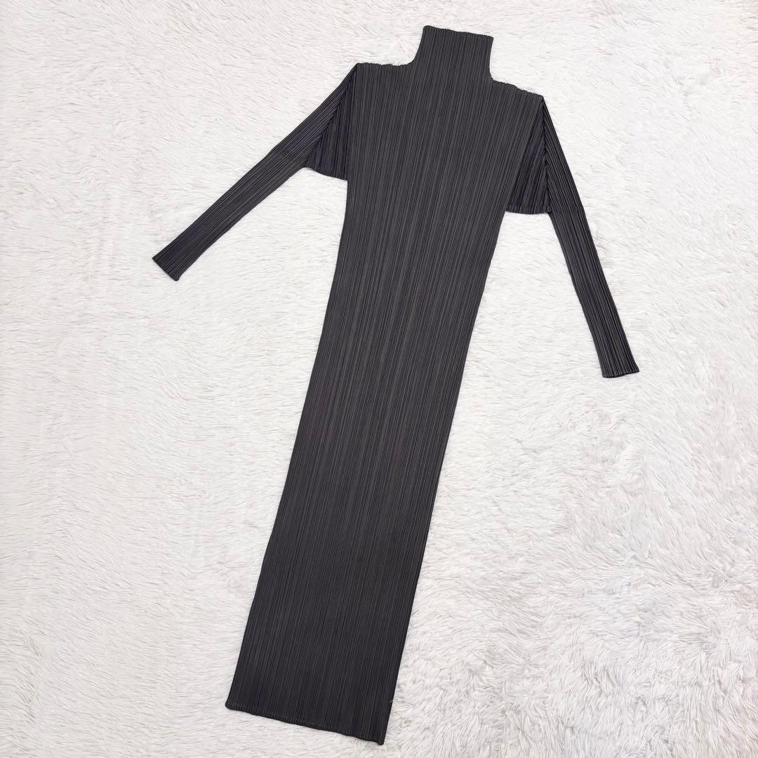 プリーツプリーズ　ロングワンピース　長袖　ハイネック　ダークグレー　サイズ2