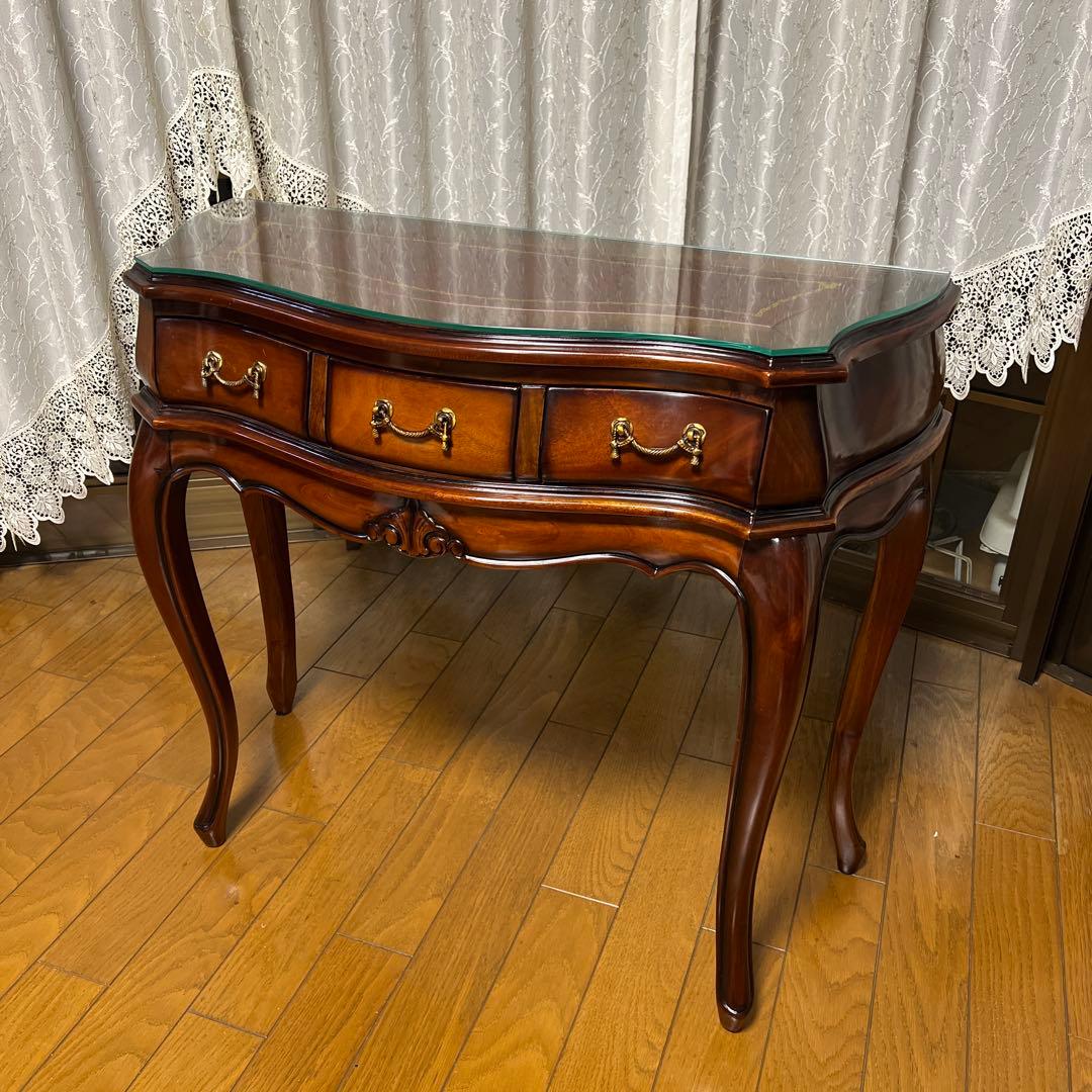 クラシック木製サイドテーブル 引き出し付き 猫脚 ガラストップ