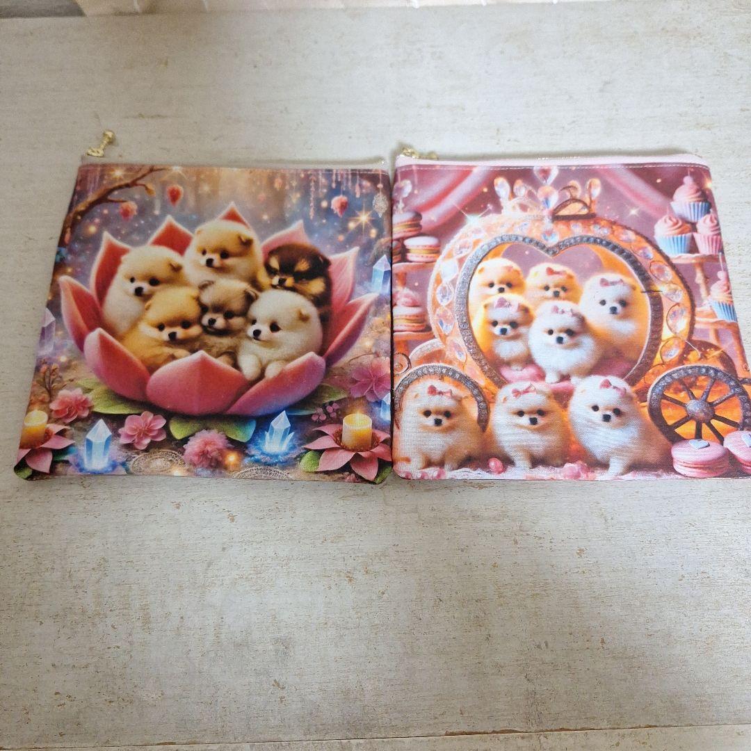 激レアポメラニアンパネル生地　ハンドメイド　フラットポーチ　まちなしバッグ