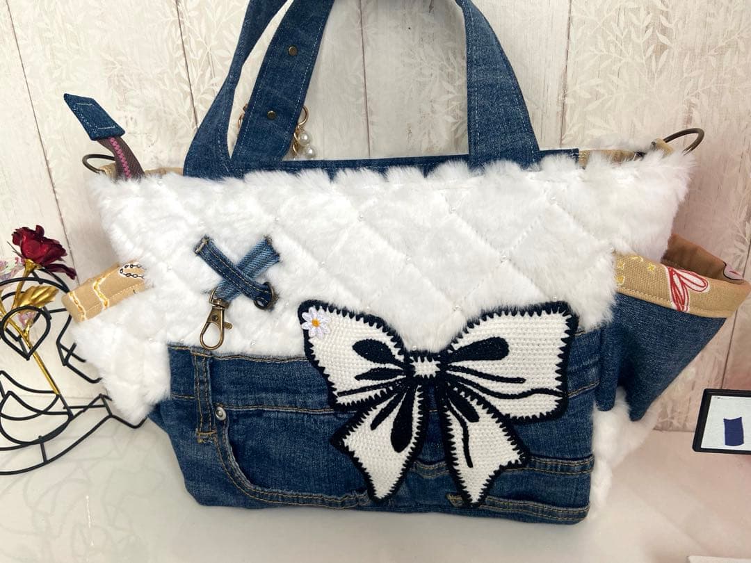 デニムリメイクバックS パール付きフワモコ×うさぎ