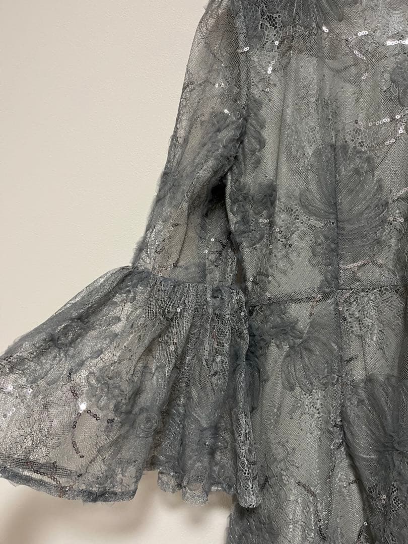 leja スパンコールレーススリーブ ラインロングワンピースドレス