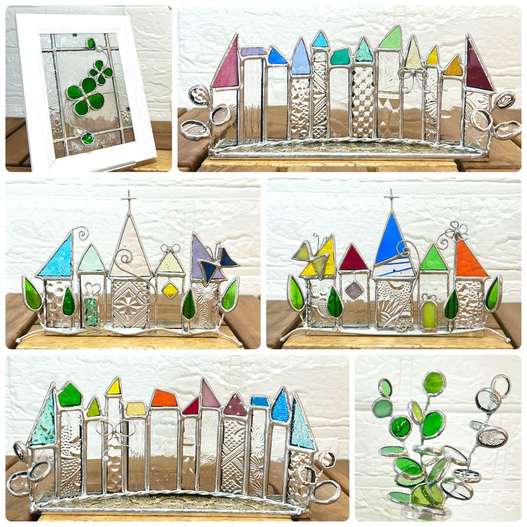 ステンドグラス(ハンドメイド) 6点おまとめ 色鉛筆、ハウス、パネル、一輪挿し