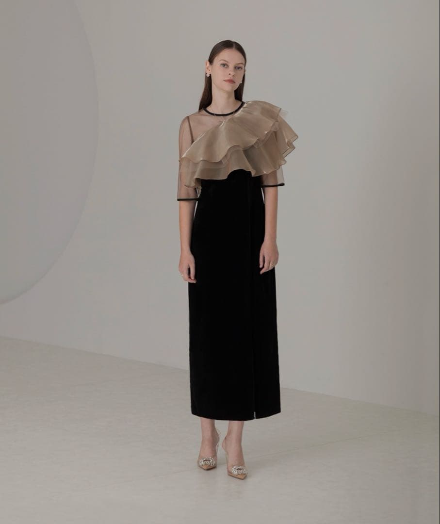 【LEJA】アシンメトリーティアードフリル3WAYベロアIラインドレス