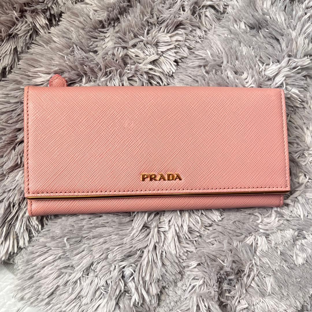 極美品✨PRADA サフィアーノ　メタルバー　ベビーピンク　長財布　レディース