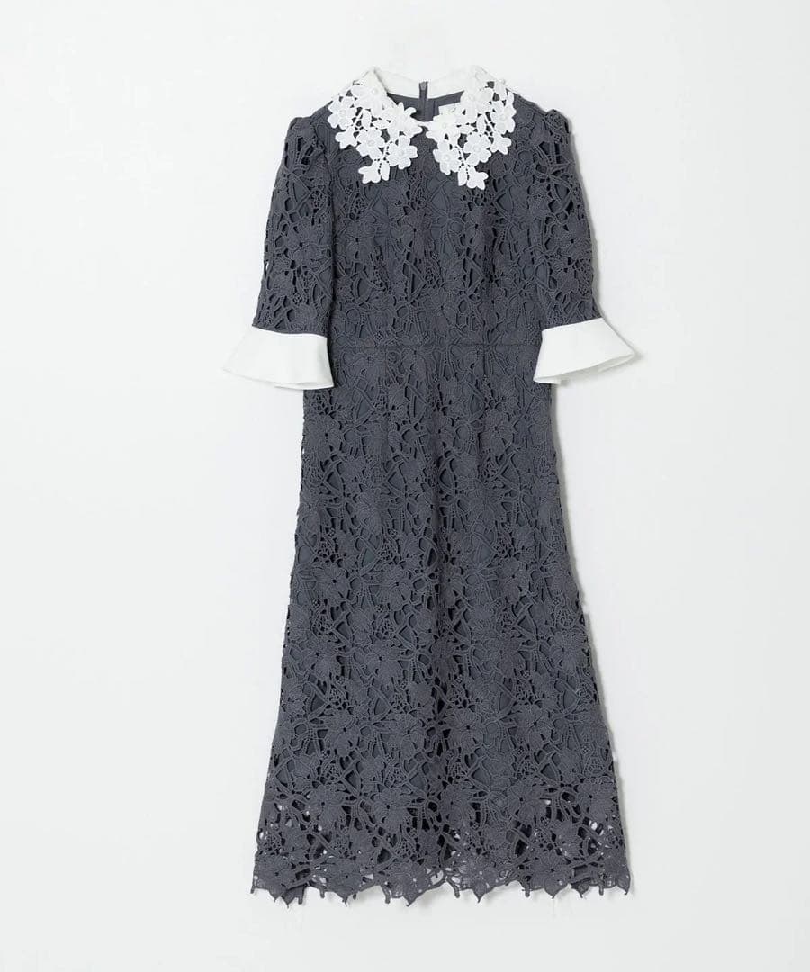 【Leja】花柄レースカラースパンコールAラインワンピースドレス（青/Sサイズ）