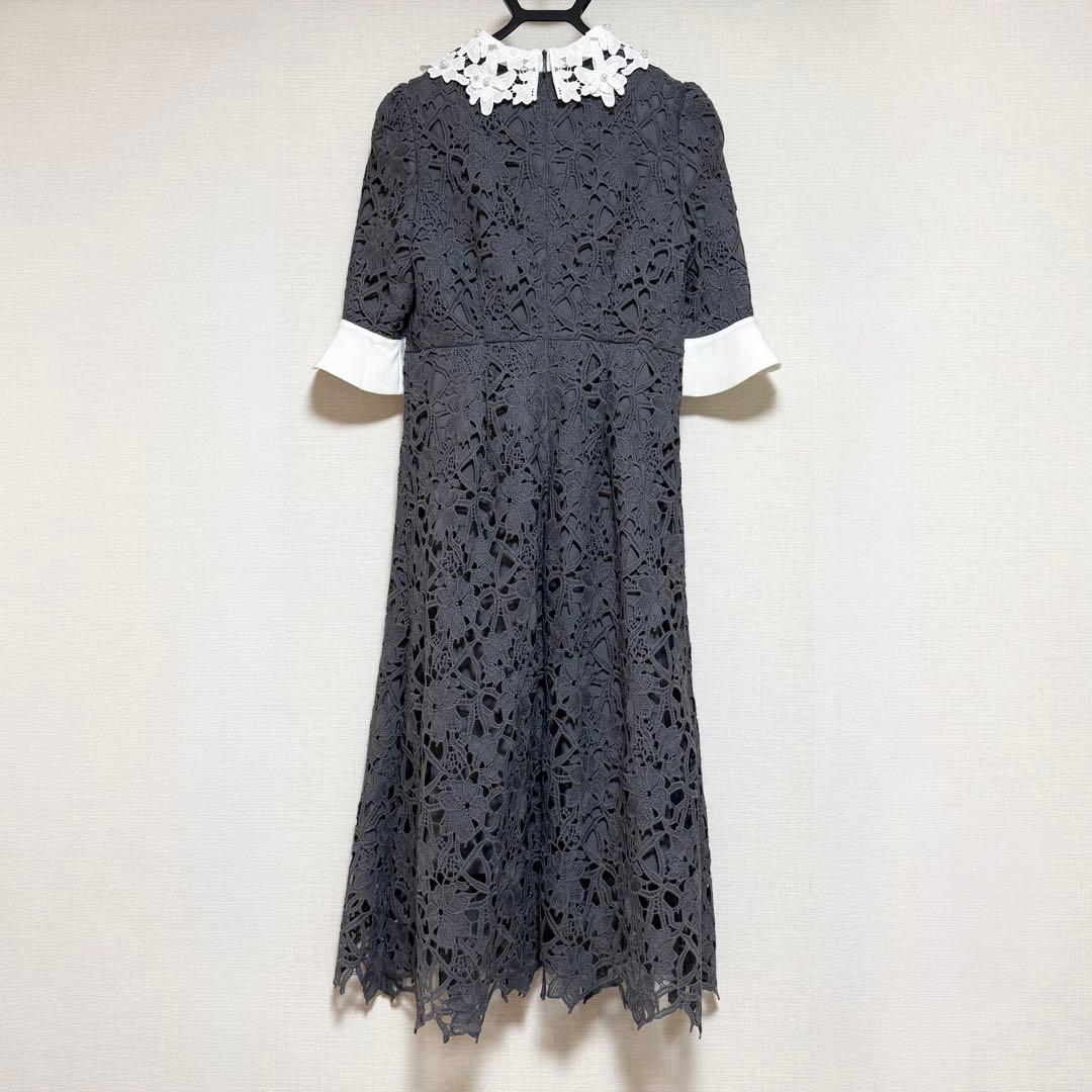 【Leja】花柄レースカラースパンコールAラインワンピースドレス（青/Sサイズ）