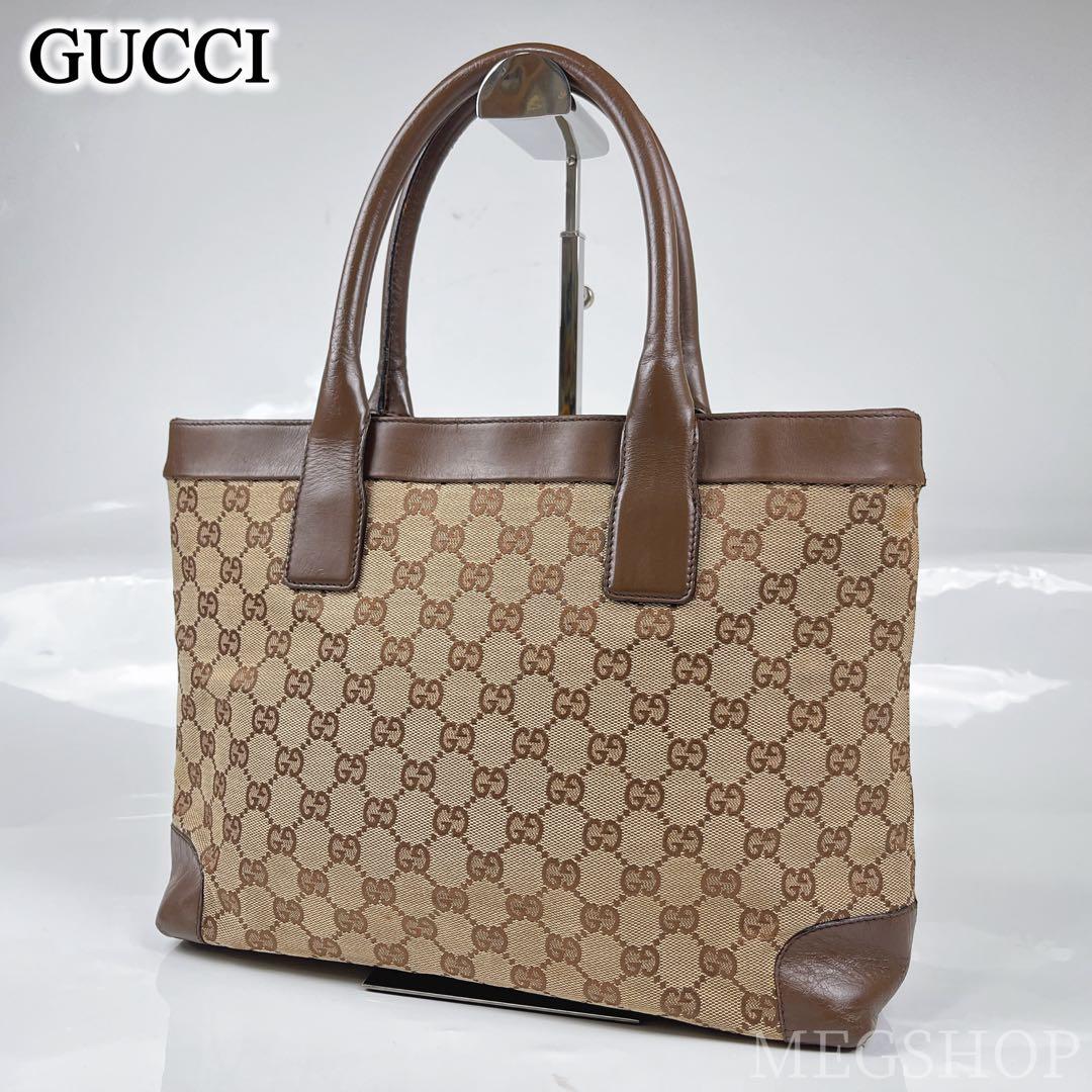 【美品】グッチ　トートバッグ　ハンドバッグ　GG柄　キャンバス　レザー　ブラウン
