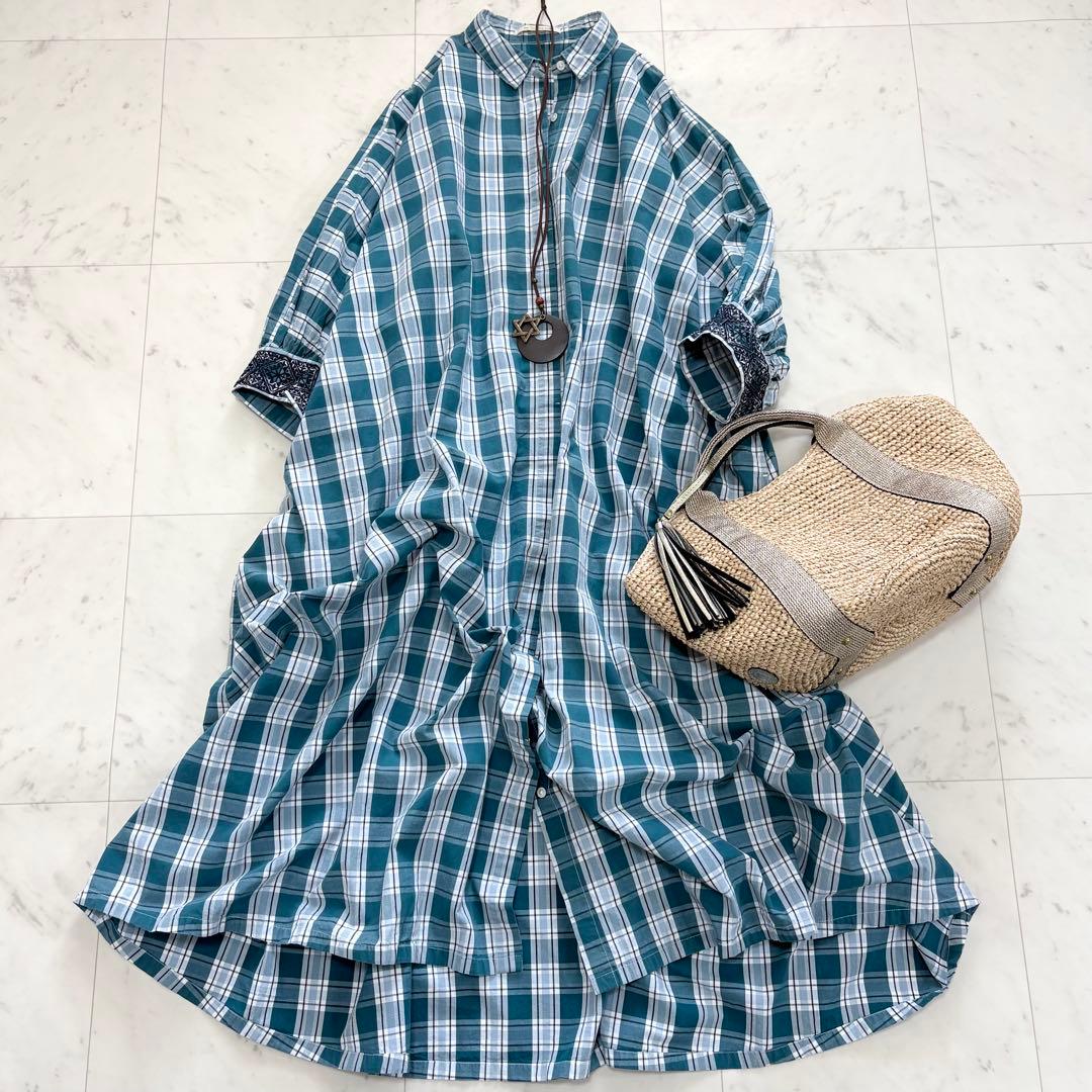 美品✨ヌキテパ　別注 チェック 刺繍 シャツワンピース　比翼　グリーン　完売品