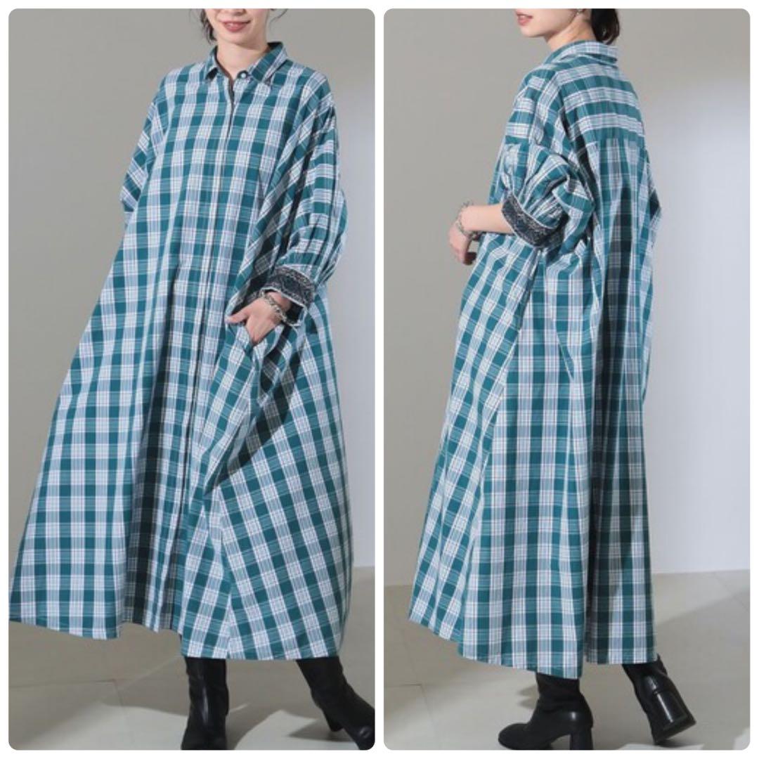 美品✨ヌキテパ　別注 チェック 刺繍 シャツワンピース　比翼　グリーン　完売品