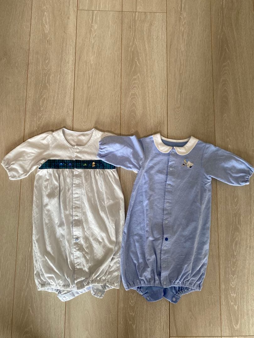 【美品】ファミリア ロンパース2点セット（白・青） サイズ50-60