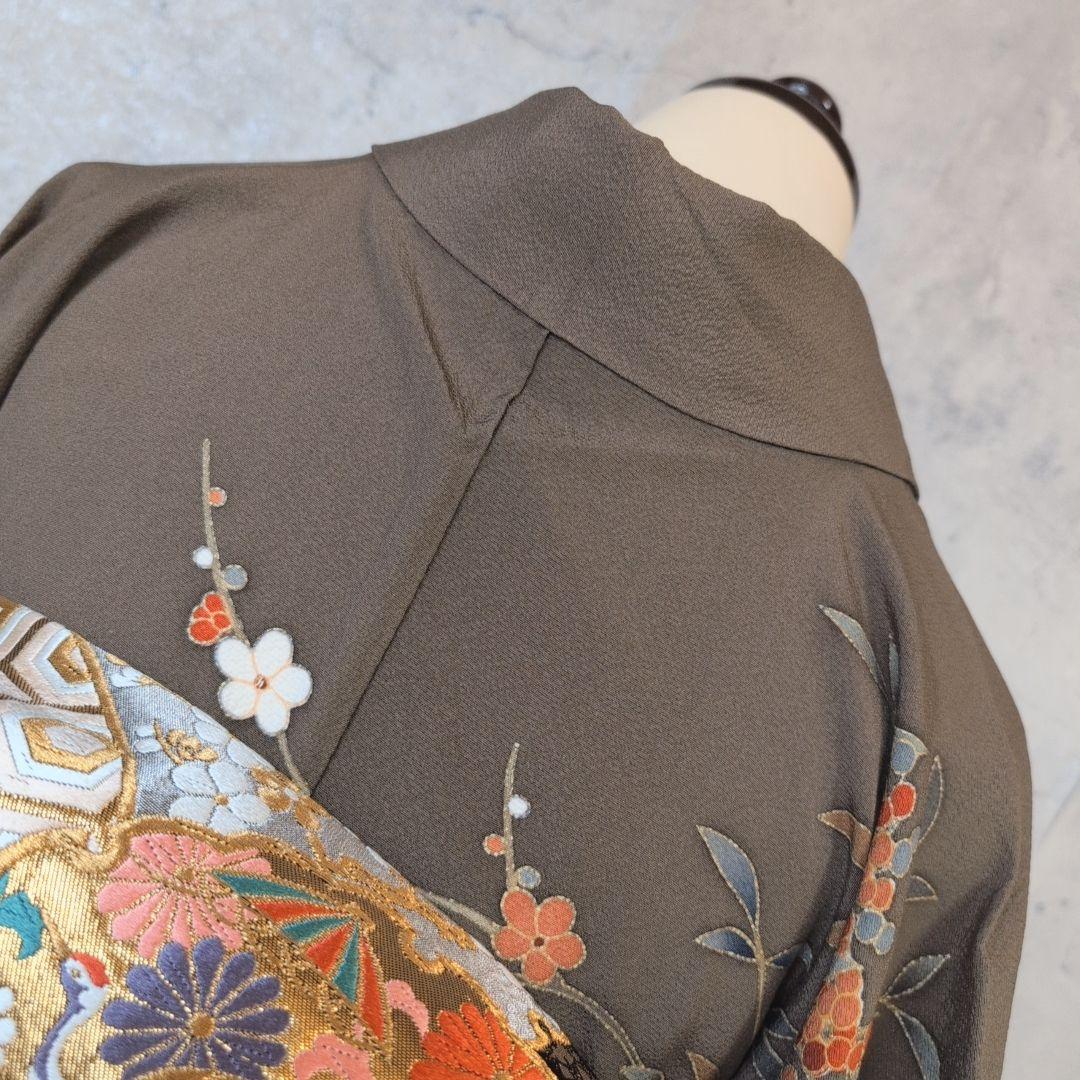 訪問着　フルセット　着物　正絹　ブラウン橙　金駒刺繍　花　O6
