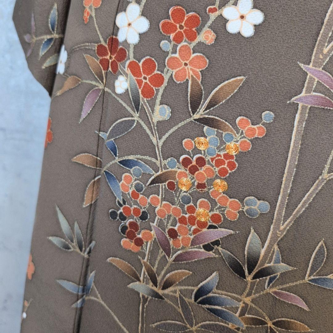 訪問着　フルセット　着物　正絹　ブラウン橙　金駒刺繍　花　O6