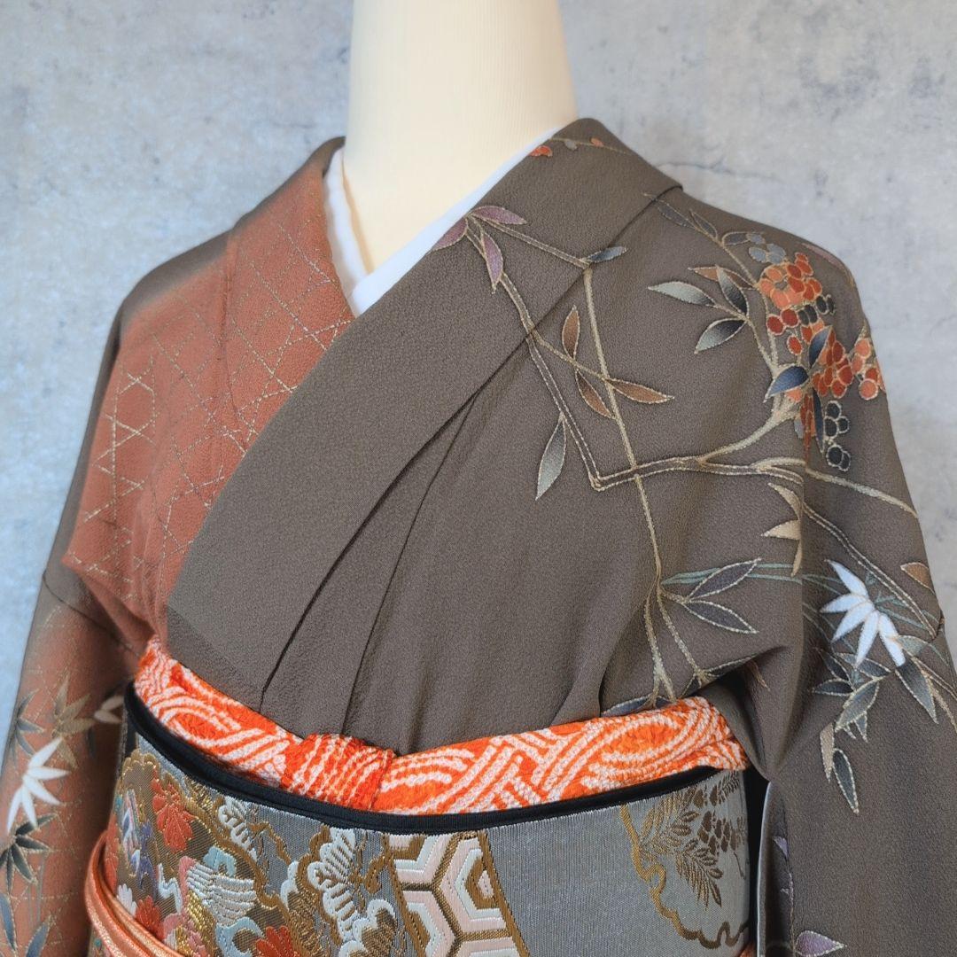 訪問着　フルセット　着物　正絹　ブラウン橙　金駒刺繍　花　O6