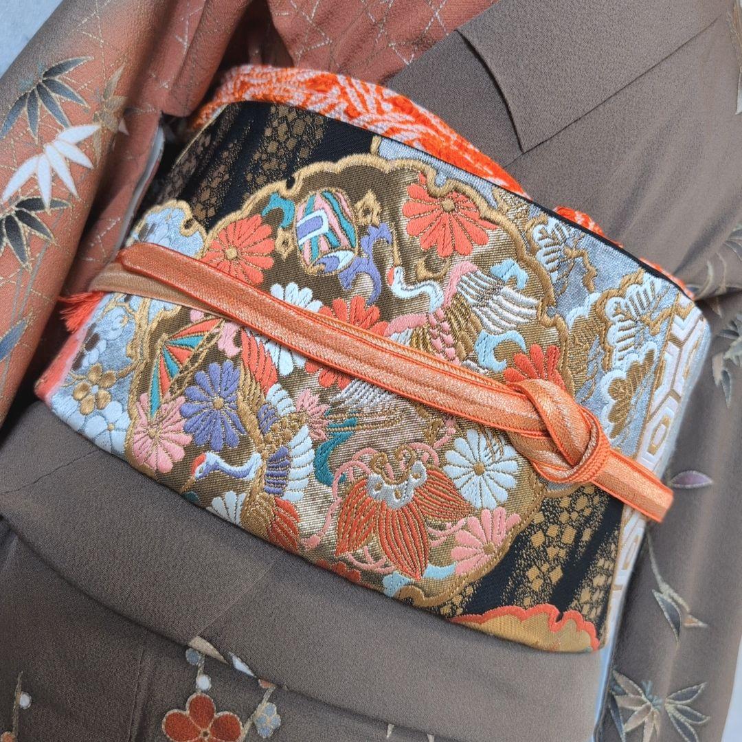 訪問着　フルセット　着物　正絹　ブラウン橙　金駒刺繍　花　O6