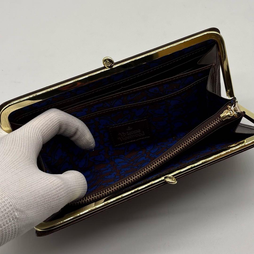 【美品】箱付き ヴィヴィアンウエストウッド レザー 長財布 オーブ がま口 茶