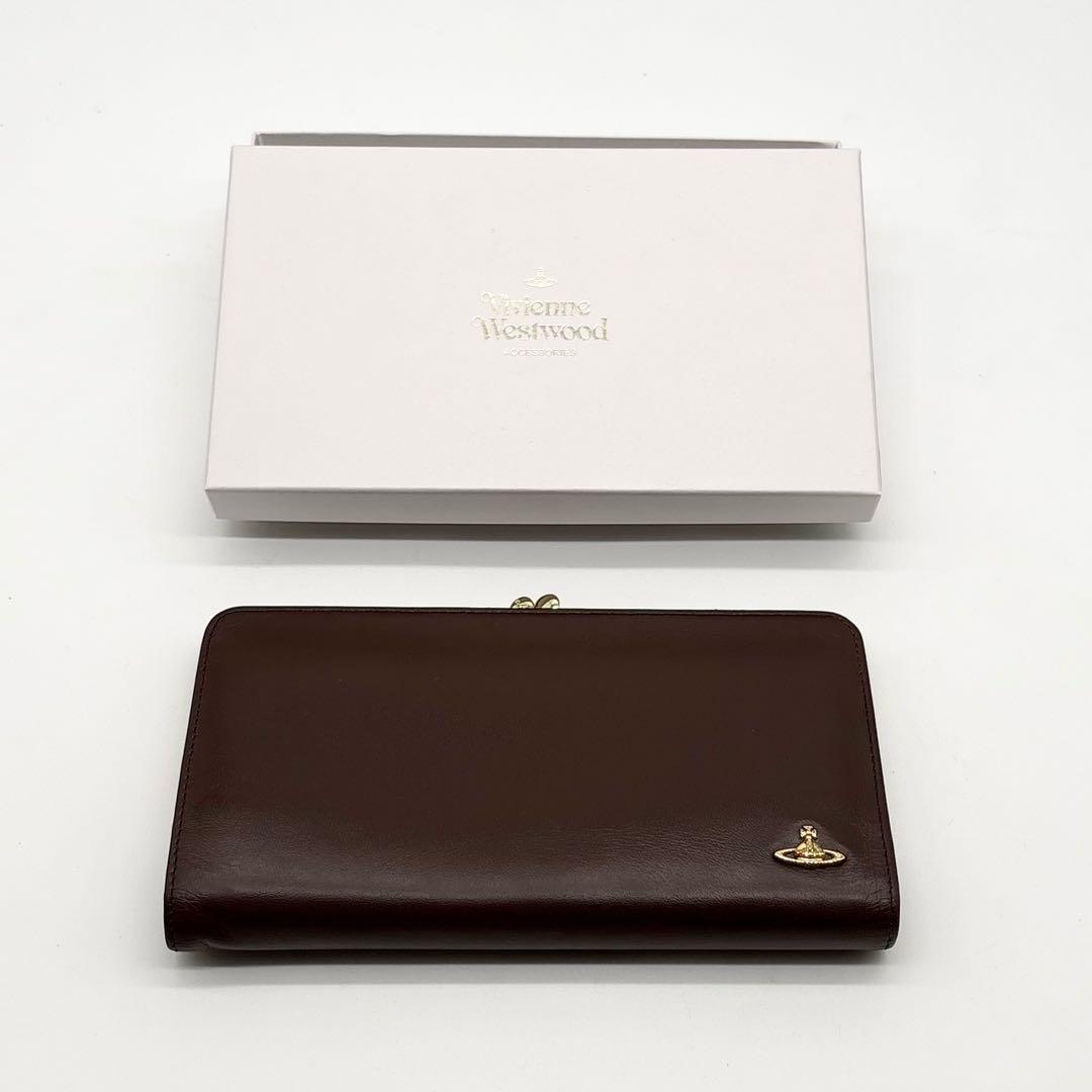 【美品】箱付き ヴィヴィアンウエストウッド レザー 長財布 オーブ がま口 茶