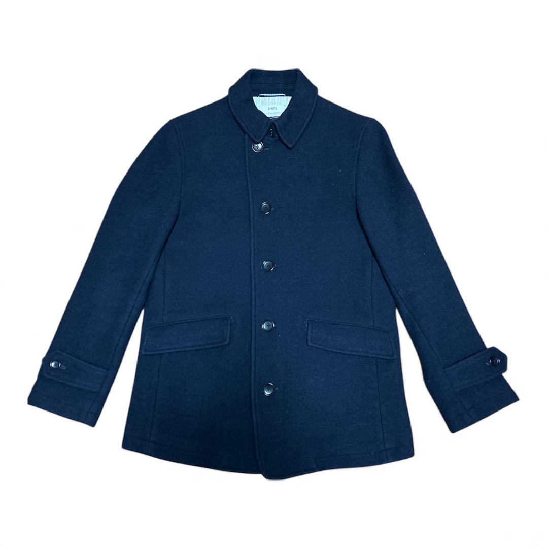 【美品】SHIPS super140s Pコート ウール100% ネイビー　M