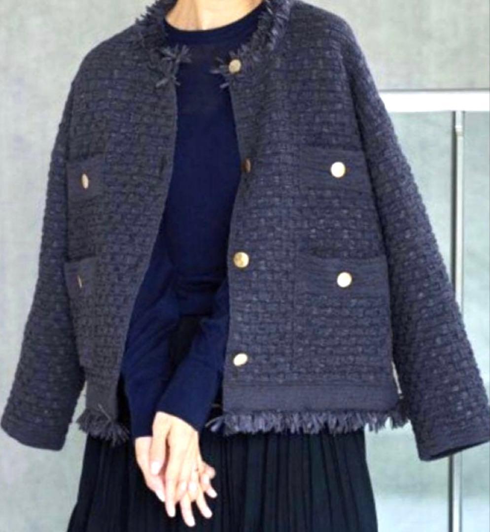IENA イエナ ツイードニットジャケット ネイビー 金ボタン フリンジF