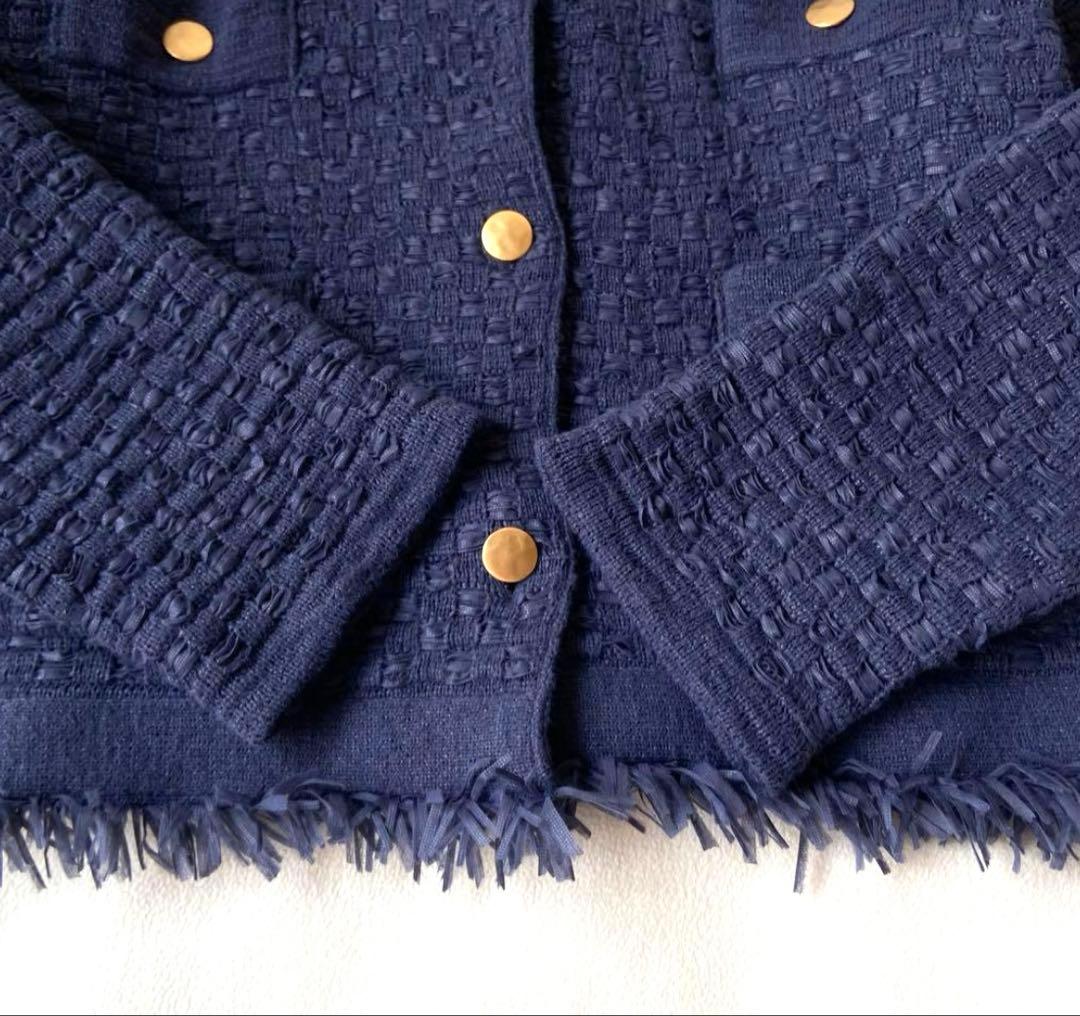 IENA イエナ ツイードニットジャケット ネイビー 金ボタン フリンジF