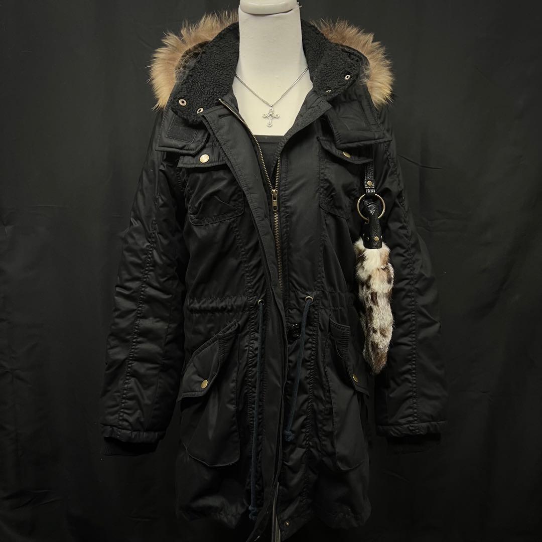 平成ギャル　y2k グランジ　ファー付き　モッズコート　ブラック　ギミック