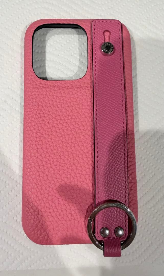 ピンクレザーiPhoneケース ストラップ付き