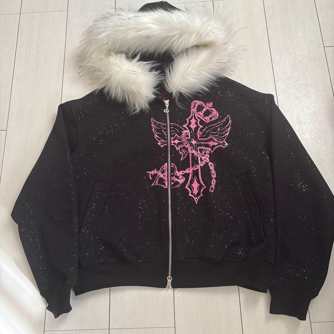 トップス 9090 girls CrossLogo glitterFurZipHoodie