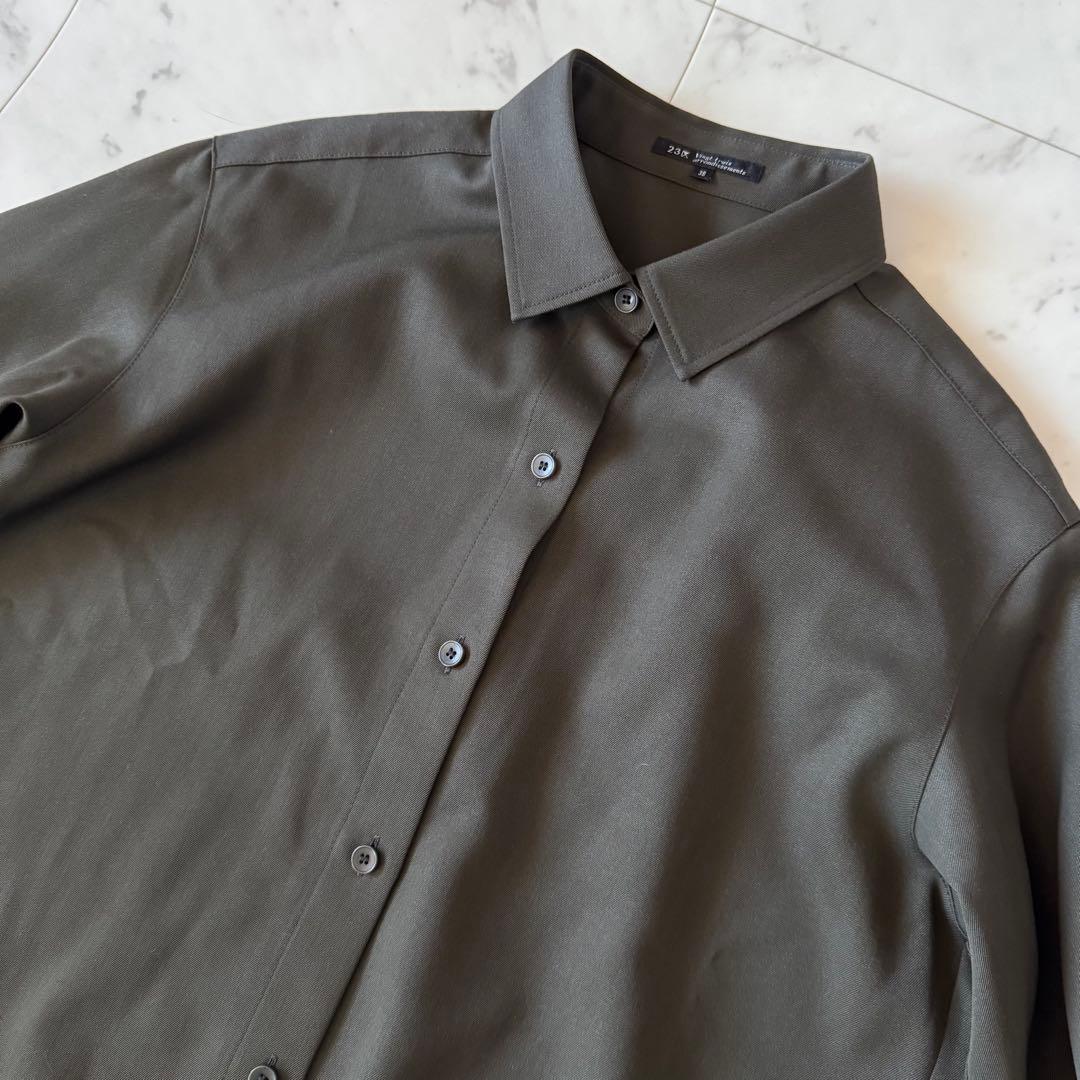 23区　シャツワンピース　ウール100 カーキ　ウエストリボン