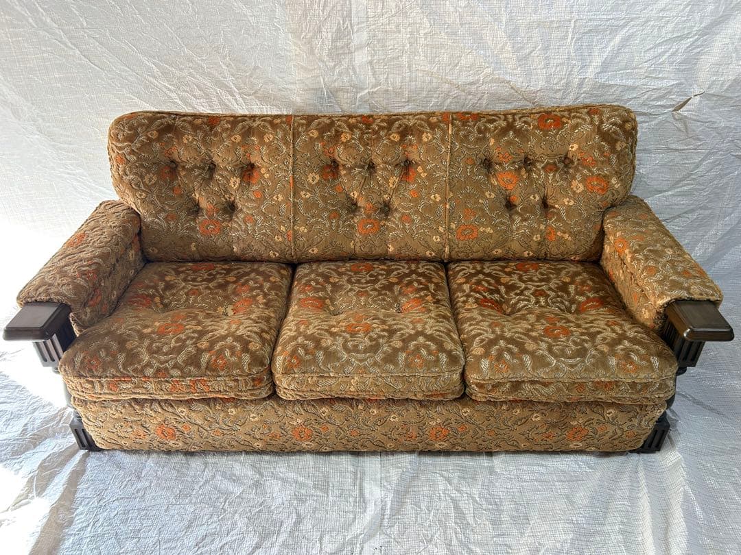 アサヒ木工　アンティーク金華山3Pソファ　昭和レトロ