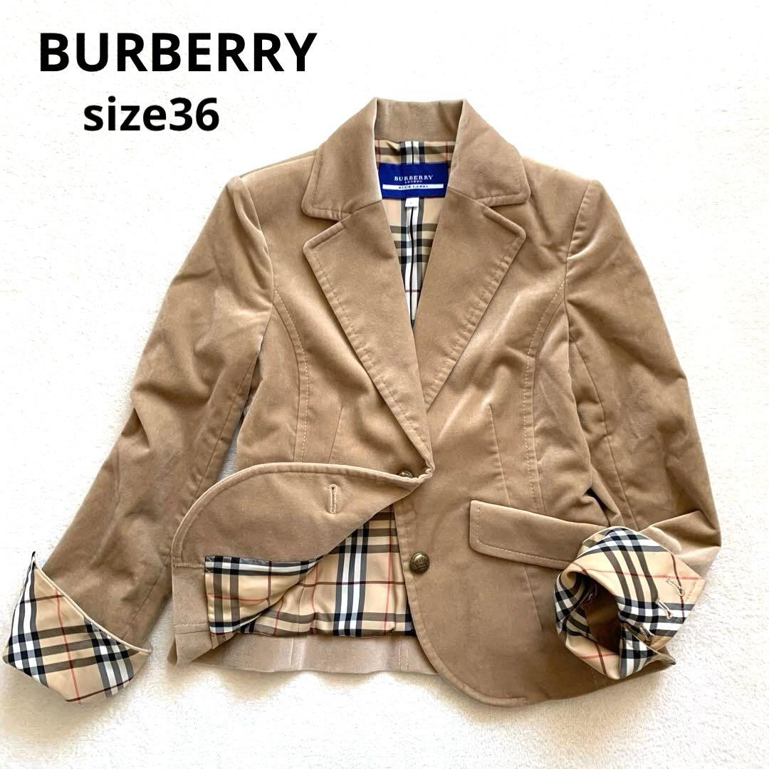 バーバリー　テーラードジャケット　ベロア　36 ベージュ　ノバチェック　シングル
