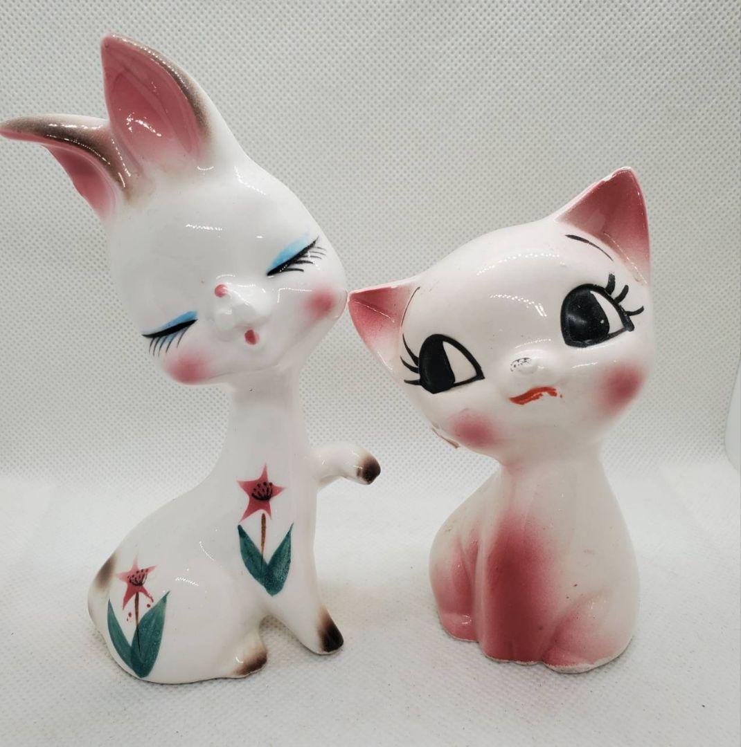 昭和レトロ 陶器 猫 うさぎ 置物 可愛いセット Retro Kawaii