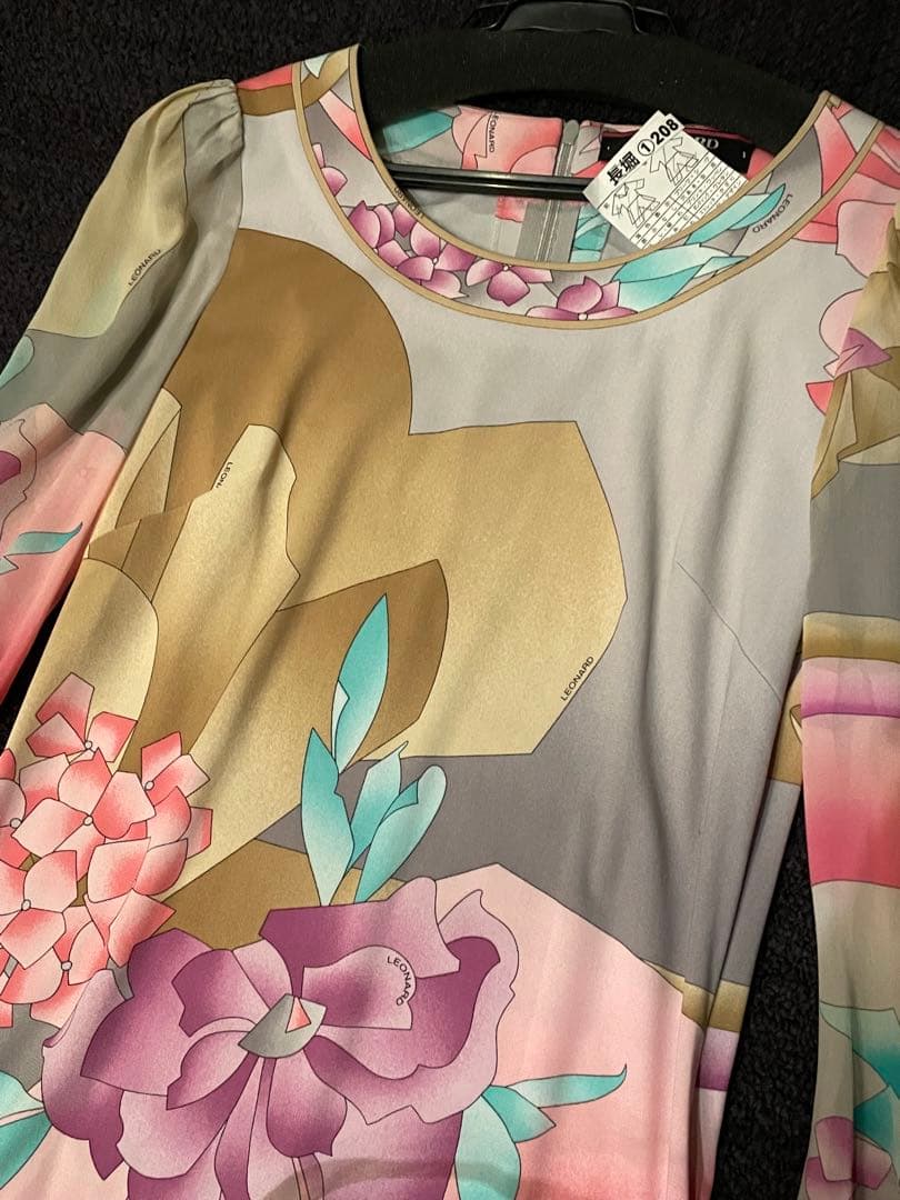 【レオナール LEONARD】ミモレ丈 ワンピース 長袖 花柄 ジャージーx絹