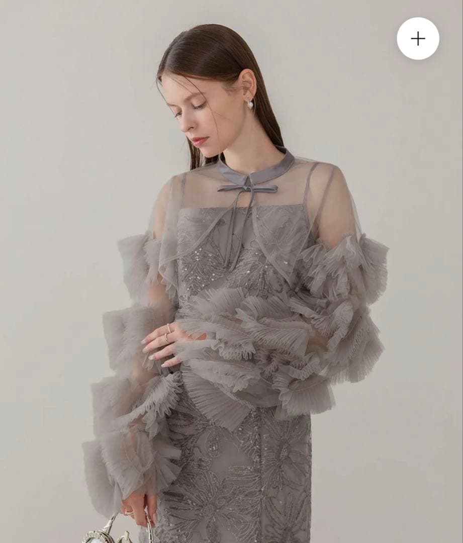 【Leja】フリルチュールスリーブリボン lラインワンピースドレス　新品