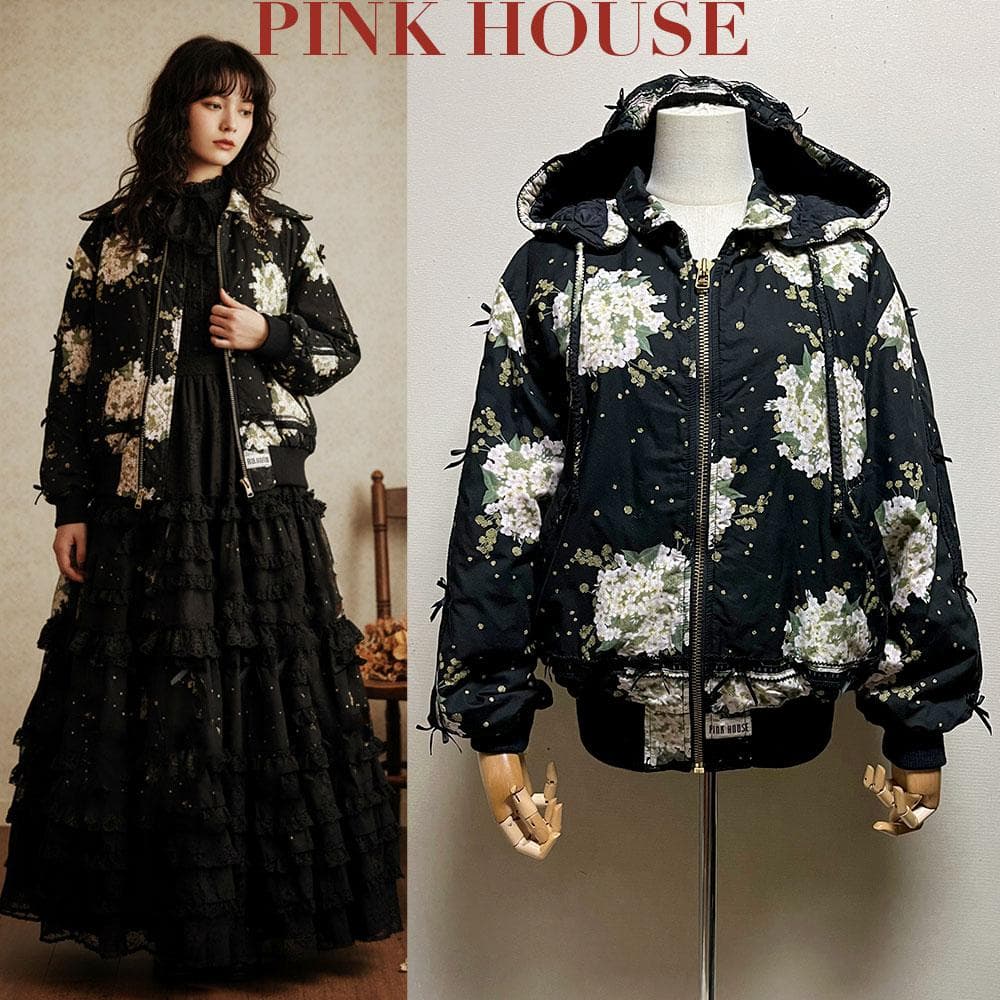 美品 ピンクハウス キルティング フード ブルゾン ブーケ ピコフリル リボン