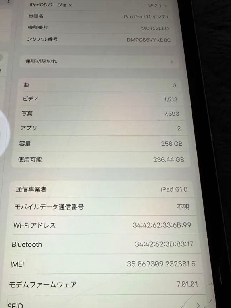 iPad Pro(11インチ)Cellular本体 画面にひびあり
