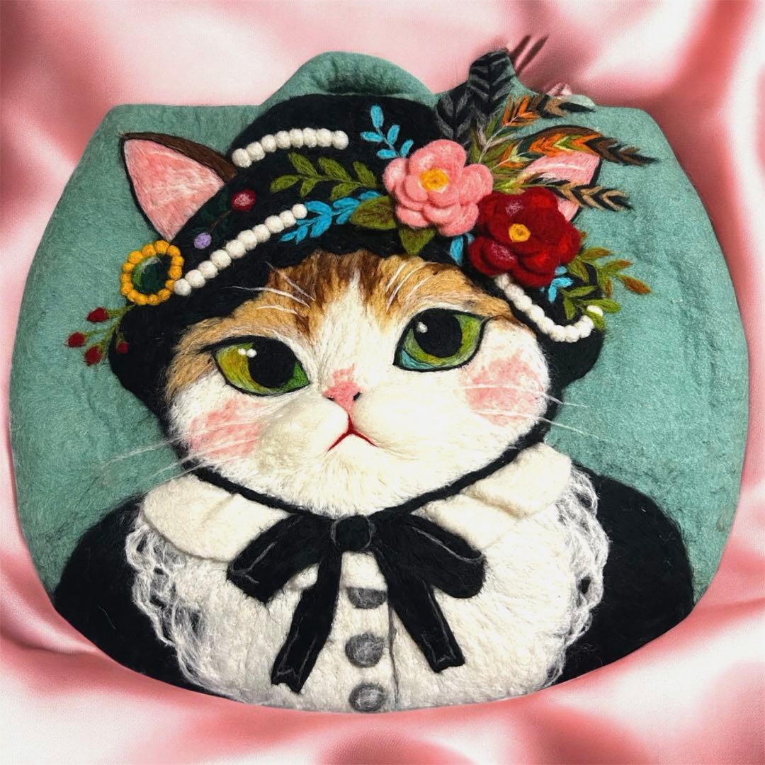 【レア❤️】ショルダータイプ　羊毛立体フェルトバッグ　ハンドメイド　猫バッグ　A4
