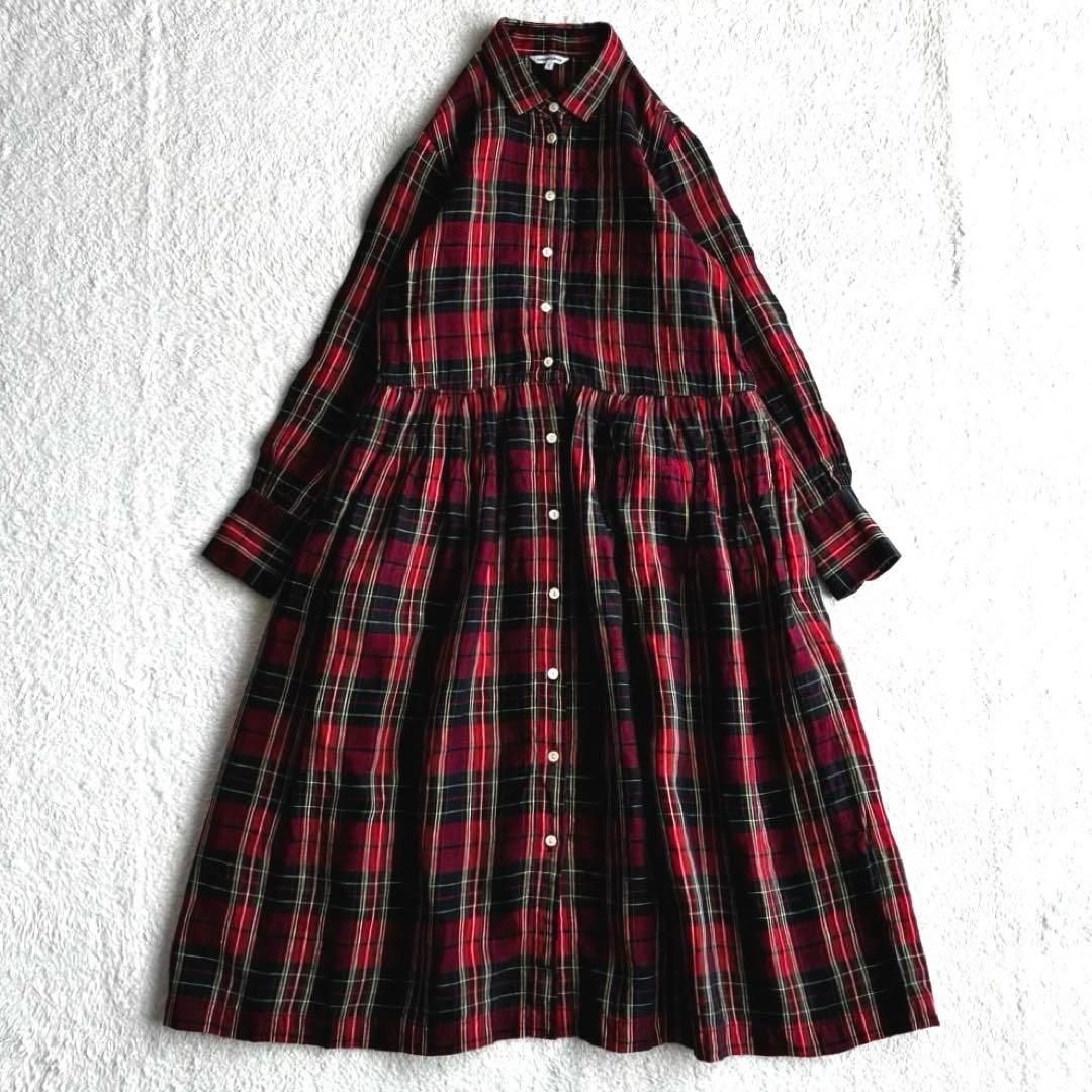 美品 アピースオブライブラリー リネン100 タータンチェック柄シャツワンピース