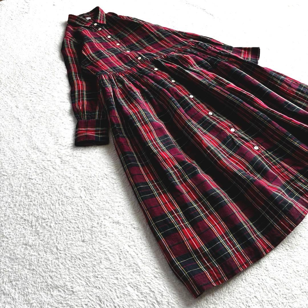 美品 アピースオブライブラリー リネン100 タータンチェック柄シャツワンピース