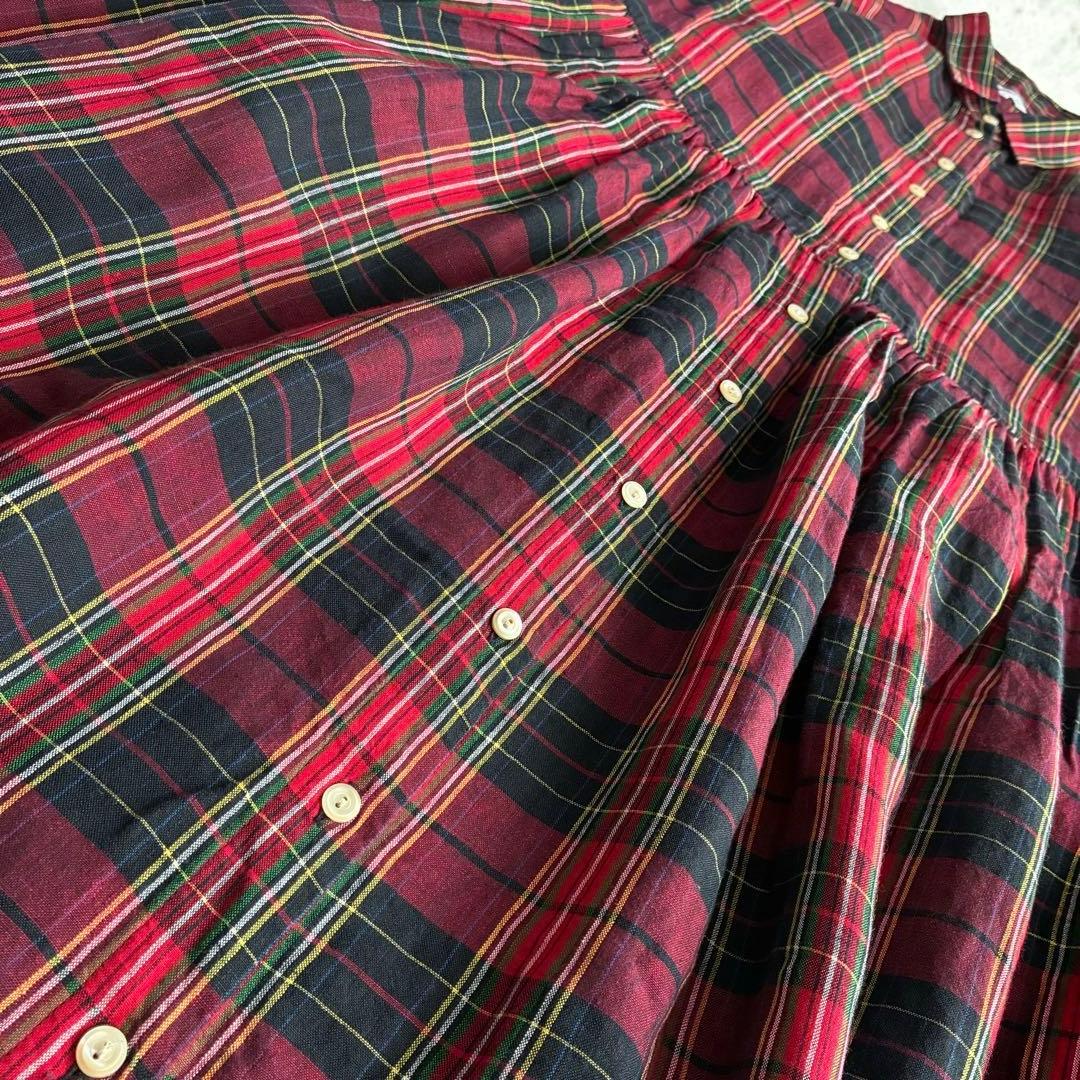 美品 アピースオブライブラリー リネン100 タータンチェック柄シャツワンピース