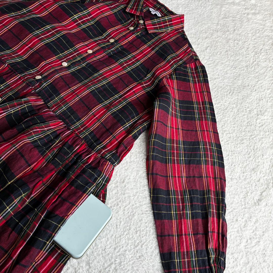 美品 アピースオブライブラリー リネン100 タータンチェック柄シャツワンピース